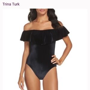 Trina Turk Boho Black Velvet Off Should Ruffle One Piece Bathing Suit, Size 6
